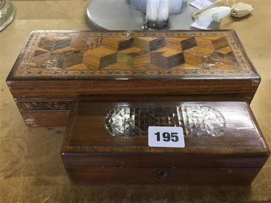 Tunbridge Ware rosewood specimen wood perspective cube glove box & a rosewood half square mosaic rectangular box